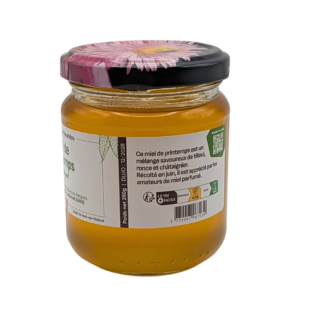 Étiquette arrière miel de printemps du Périgord 250g – composition et origine