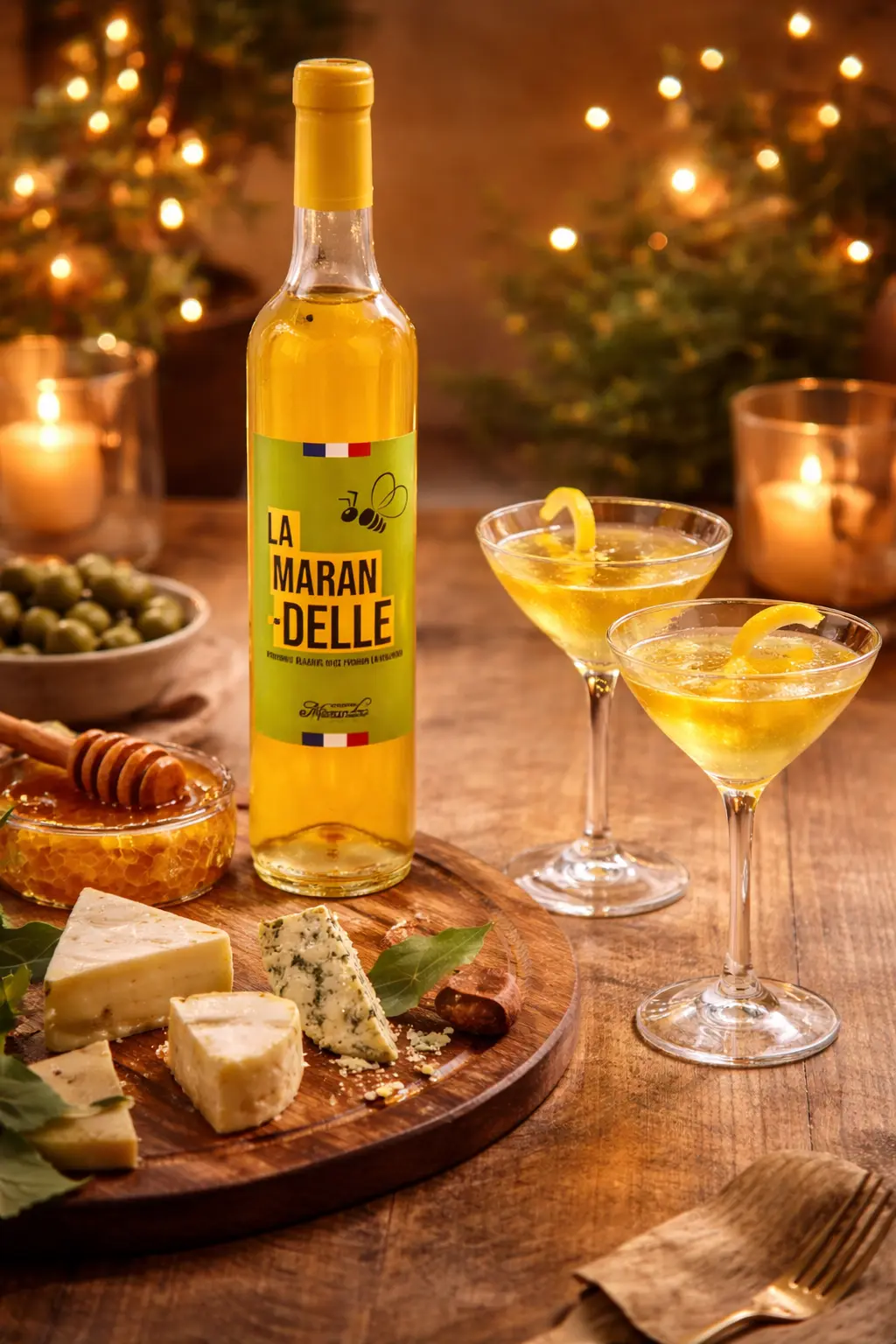 Hydromel artisanal La Marandelle du Rucher du Marandou servi en verres à martini lors d’un apéritif chic