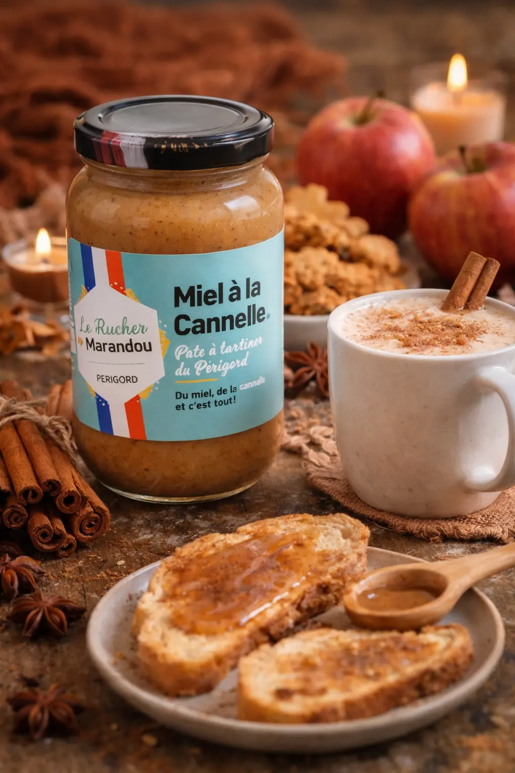 Pot de miel à la cannelle du Périgord du Rucher du Marandou, pâte à tartiner artisanale servie avec tartines et boisson chaude