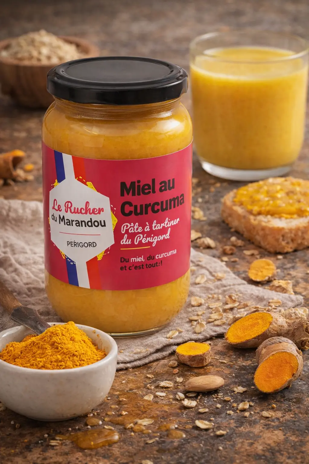 Pot de miel au curcuma du Périgord du Rucher du Marandou servi avec lait doré et poudre de curcuma