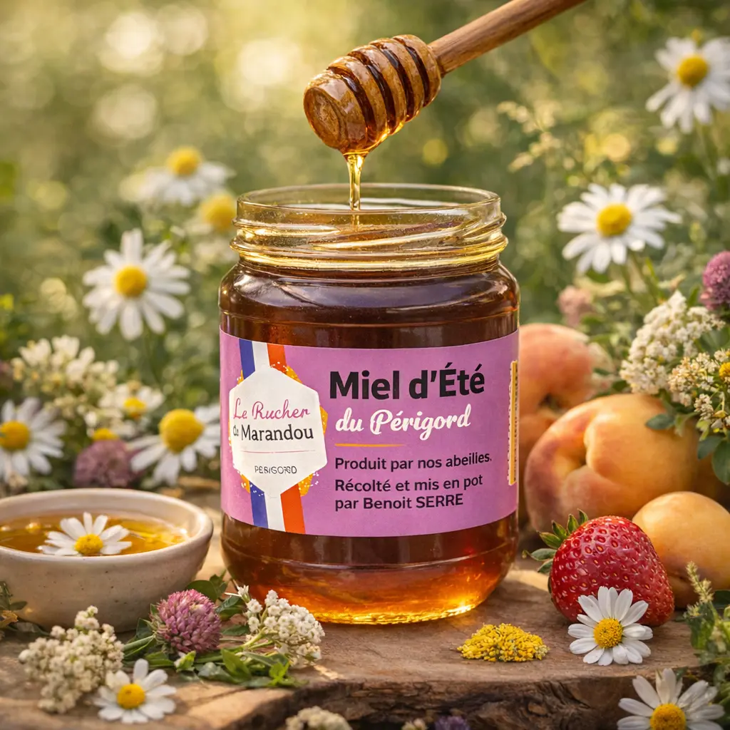 Pot de miel d’été du Périgord du Rucher du Marandou avec fruits et fleurs estivales en arrière-plan