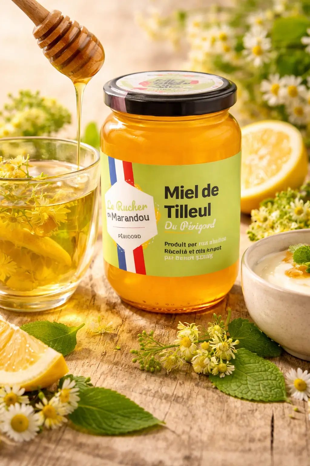 Pot de miel de tilleul du Périgord du Rucher du Marandou accompagné d’une infusion au tilleul et de citron sur table en bois