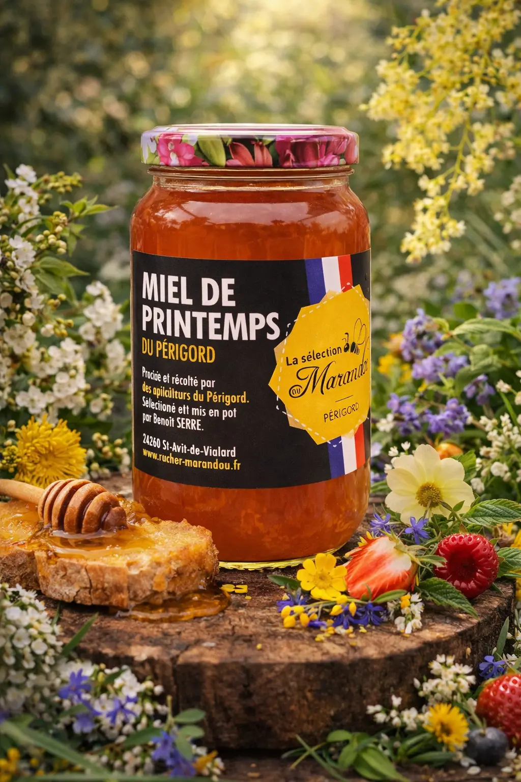 Miel de printemps Sélection du Périgord présenté en mise en scène avec tilleul, ronce et fleurs sauvages du printemps