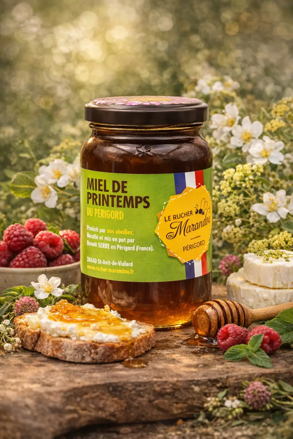 Pot de miel de printemps du Périgord du Rucher du Marandou avec tartine, fromage frais et framboises en mise en scène printanière