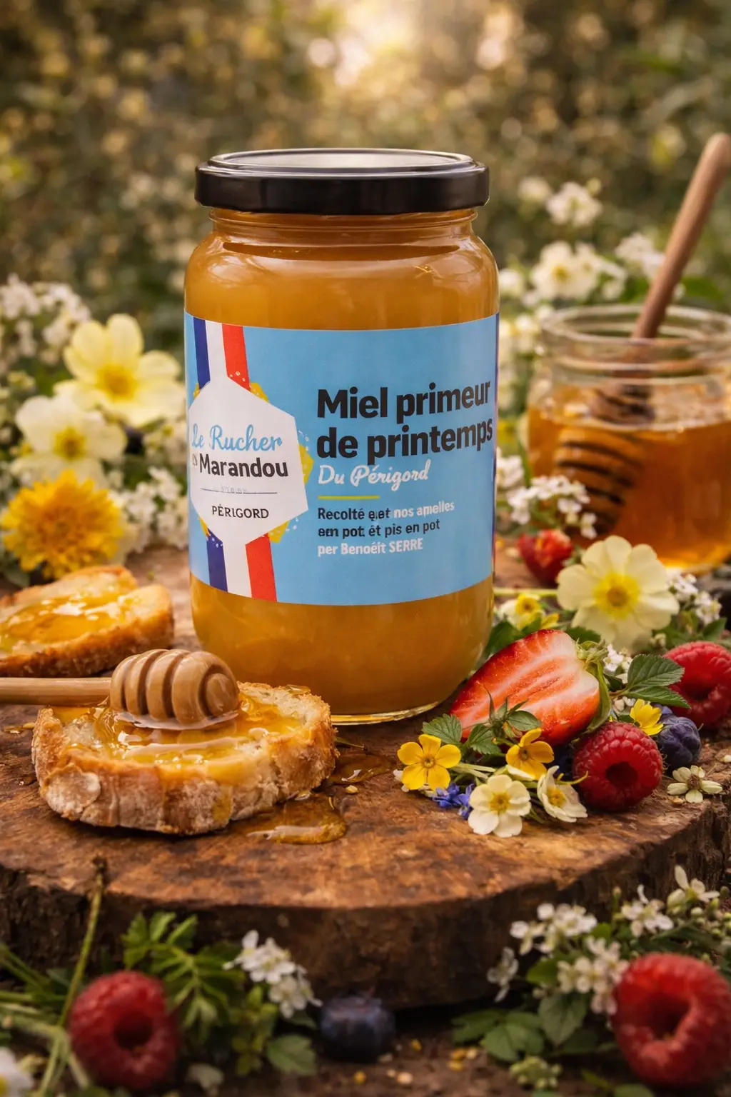 Mise en scène gourmande du miel primeur de printemps du Périgord sur planche rustique avec tartines, fruits rouges et fleurs printanières