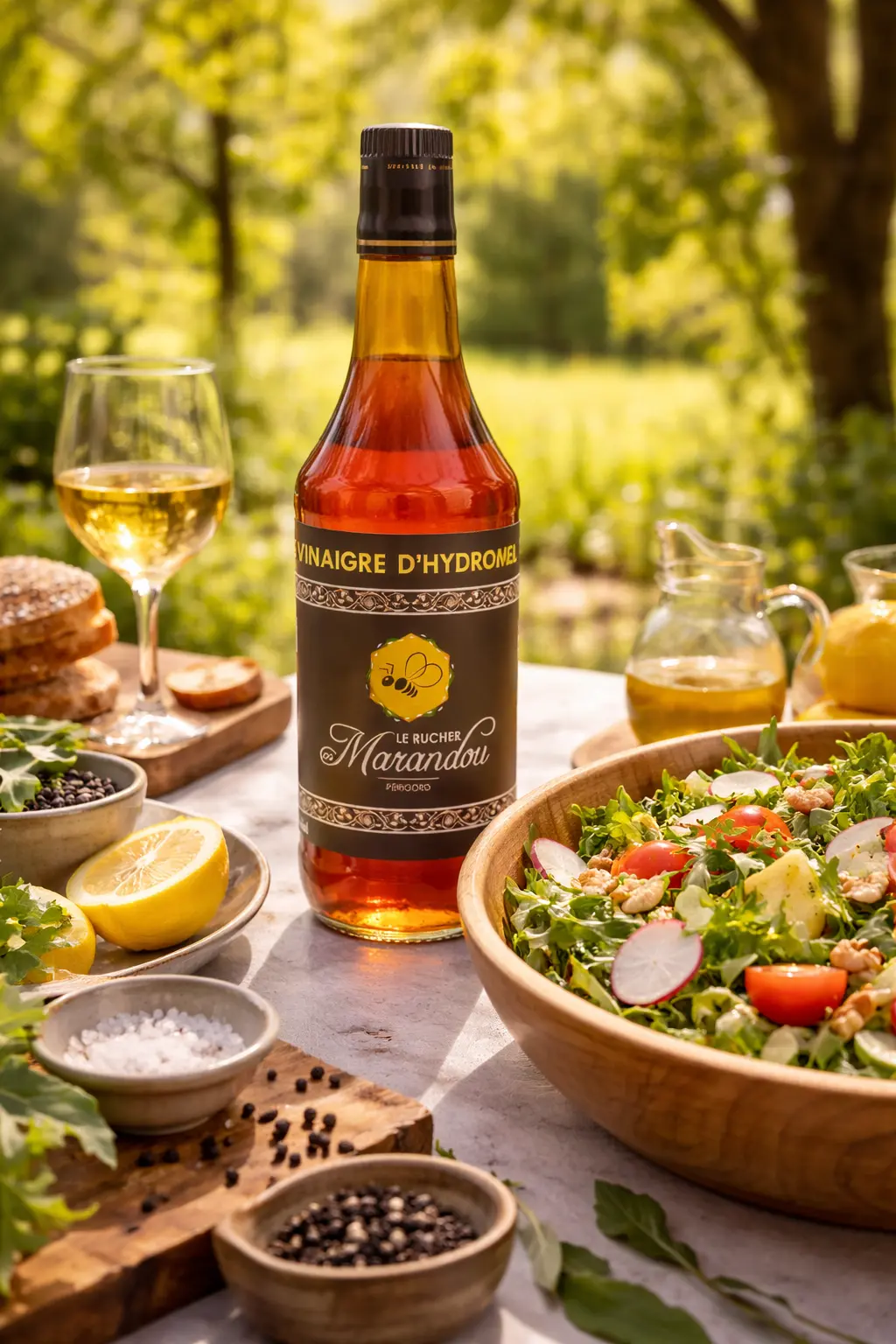 Vinaigre d’hydromel du Périgord Le Rucher du Marandou posé sur une table de jardin avec salade de saison au soleil