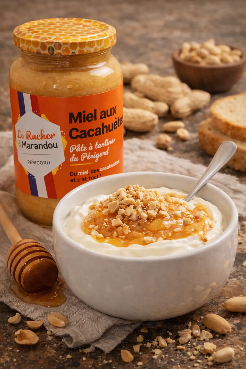 Miel aux cacahuètes du Périgord du Rucher du Marandou servi sur du fromage blanc avec éclats de cacahuètes