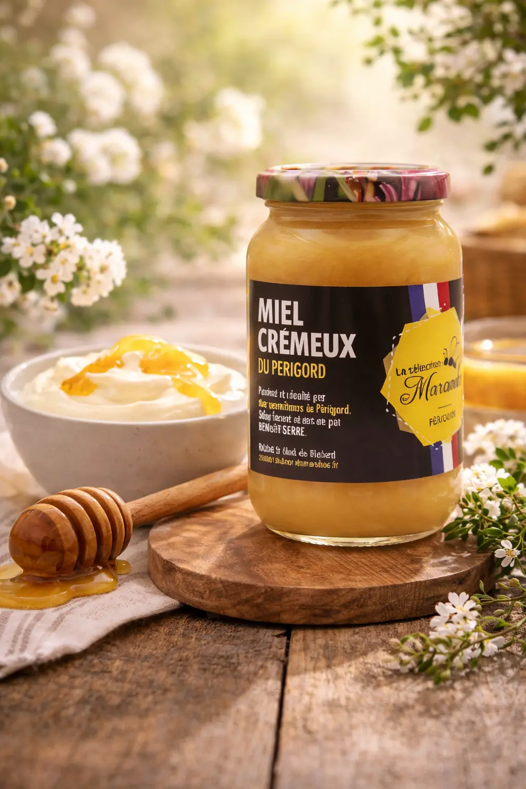 Pot de miel crémeux du Périgord du Rucher du Marandou avec fromage blanc et filet de miel