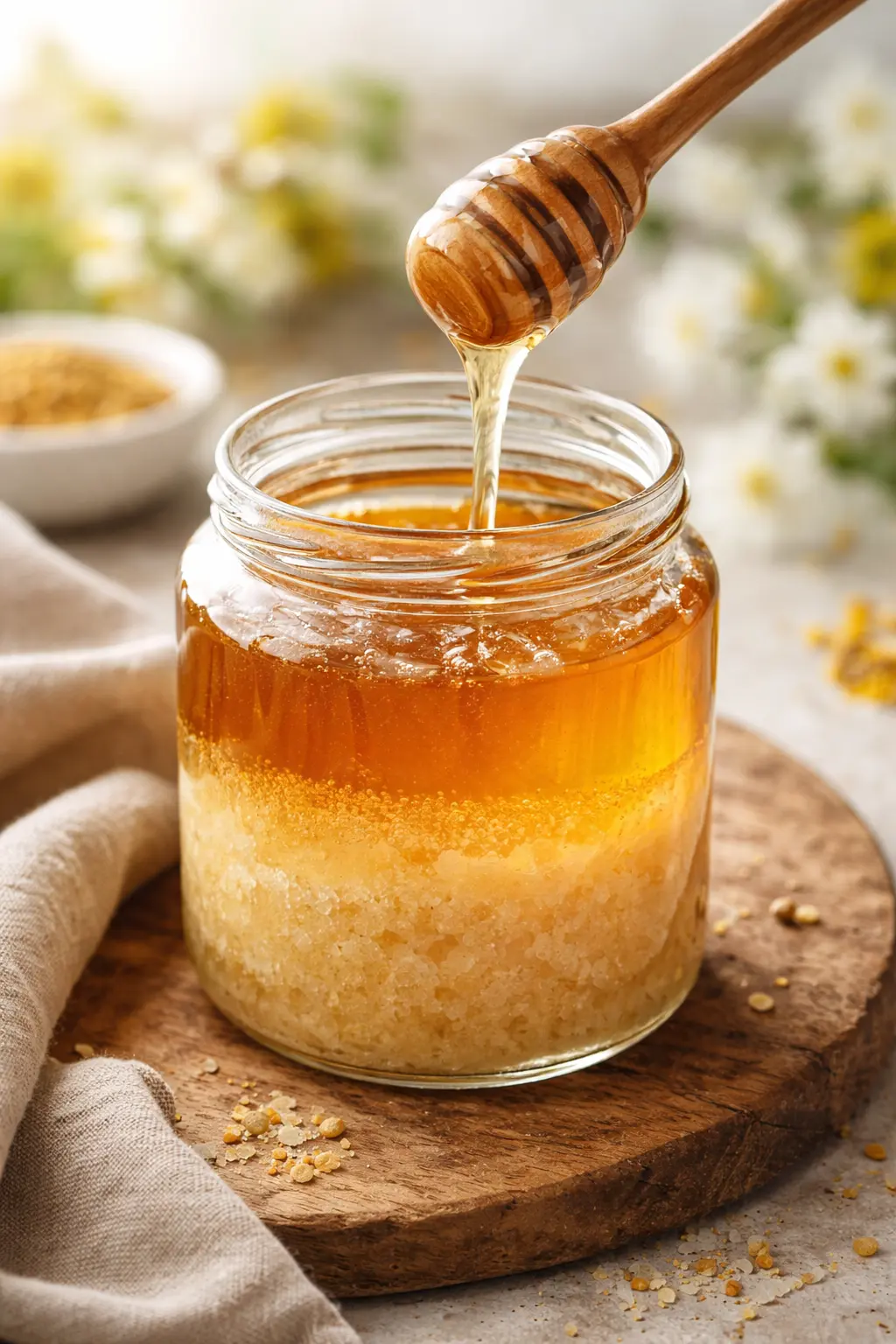 Miel déphasé dans un pot en verre, avec une couche liquide en surface et une couche cristallisée au fond<br />
