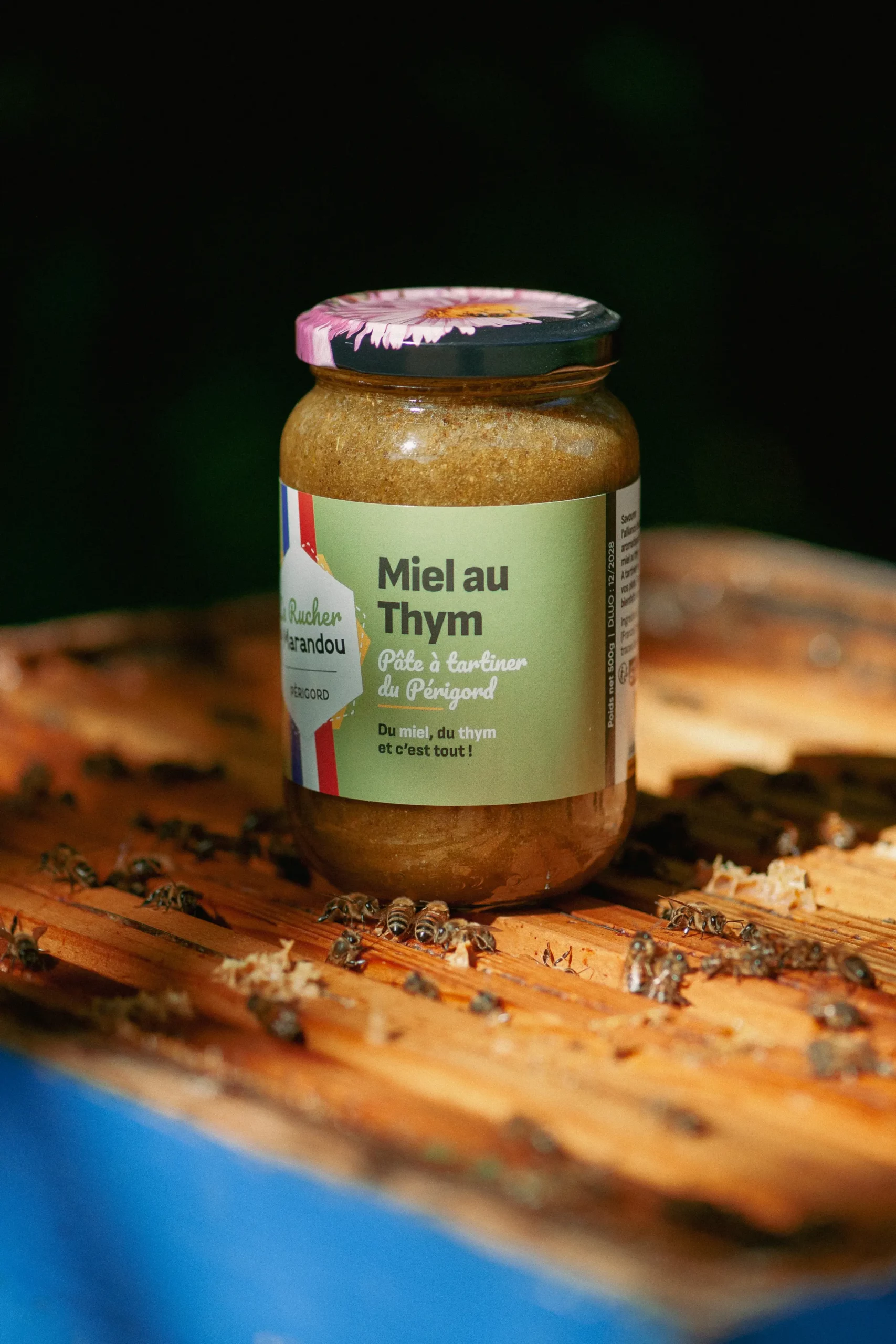 Miel au thym artisanal 500 g du Périgord sur ruche avec abeilles – Apiculteur Le Rucher du Marandou