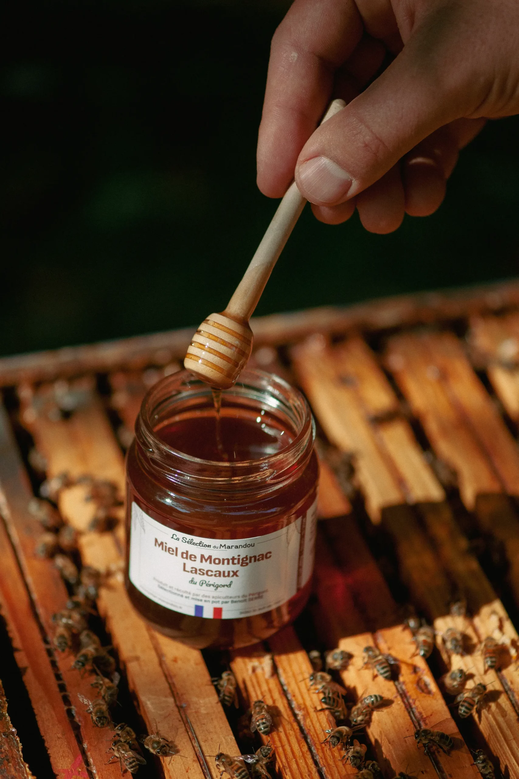 Cuillère à miel en bois servant du miel de Montignac Lascaux, pot artisanal du Rucher du Marandou en Périgord.