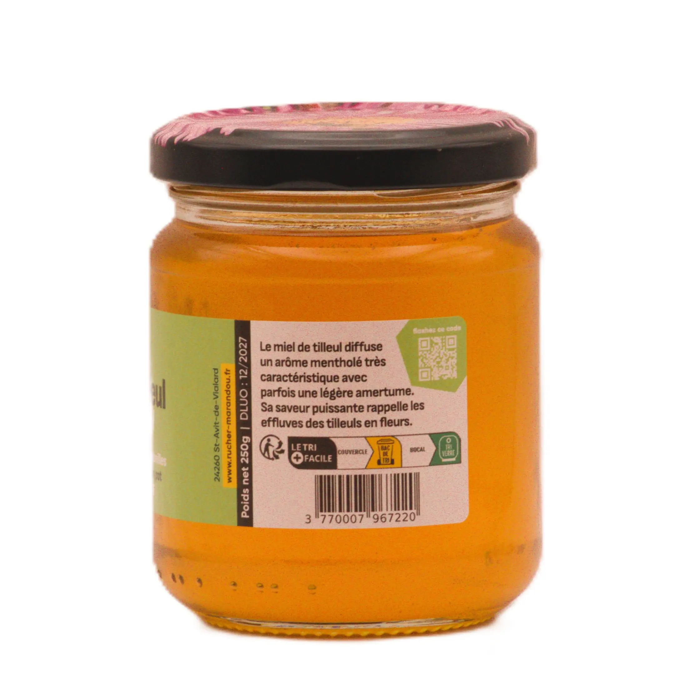 Dos du pot de miel de tilleul du Périgord 250 g – Apiculteur producteur en Dordogne