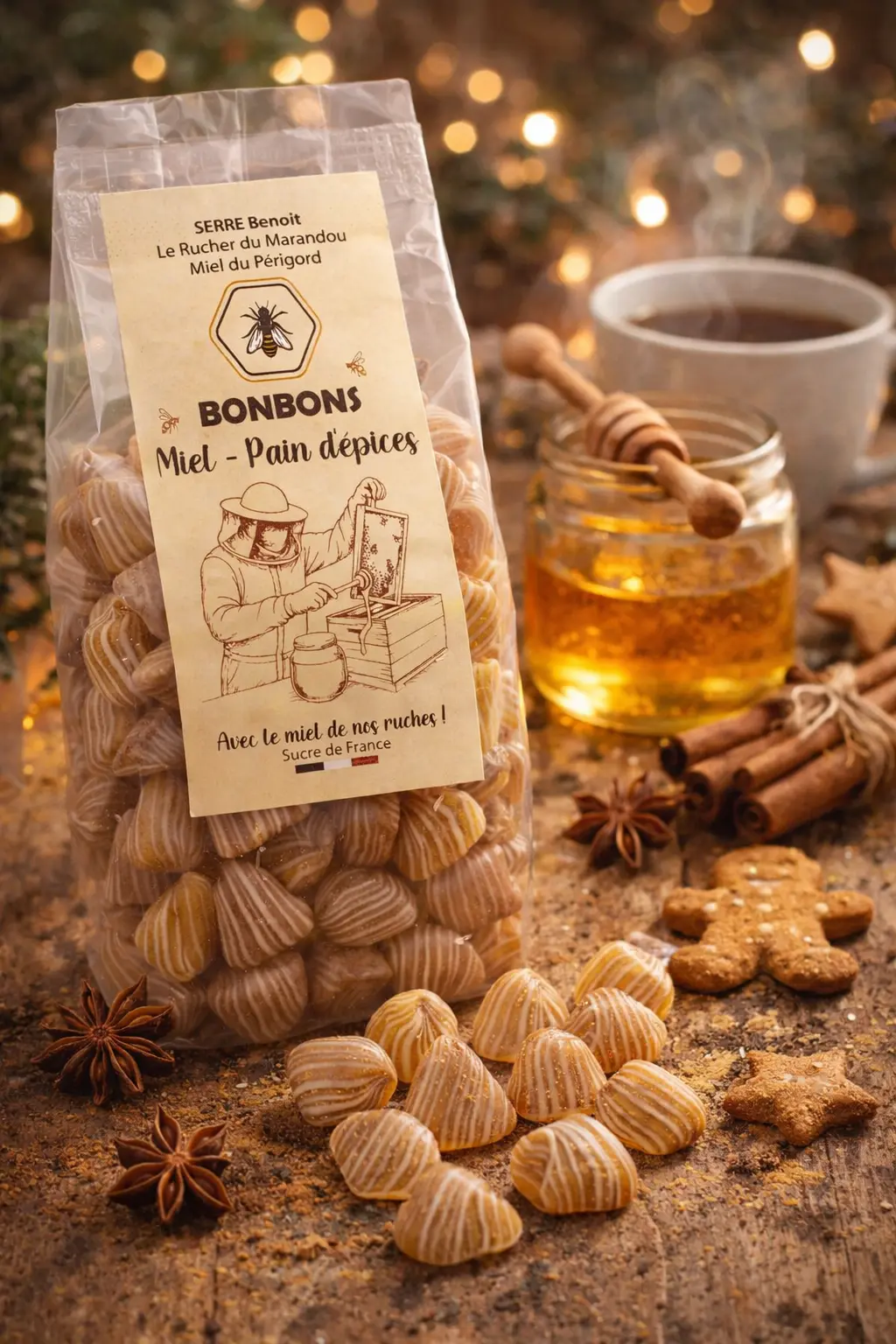 Bonbons artisanaux au miel du Périgord saveur pain d’épices – Rucher du Marandou, mise en scène hivernale avec cannelle, badiane et miel