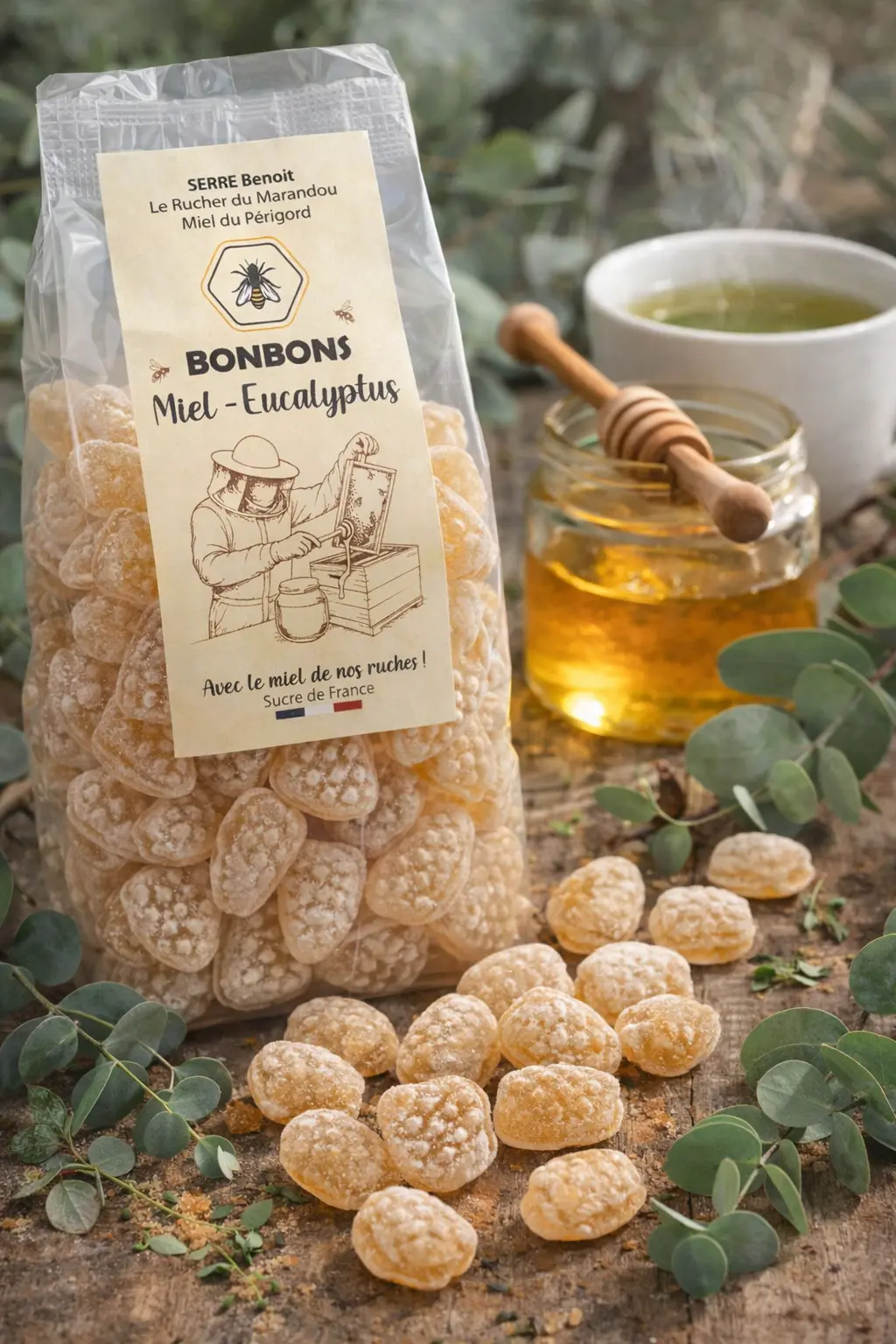 Bonbons artisanaux au miel du Périgord saveur eucalyptus en sachet, présentés avec feuilles d’eucalyptus, pot de miel et tasse d’infusion