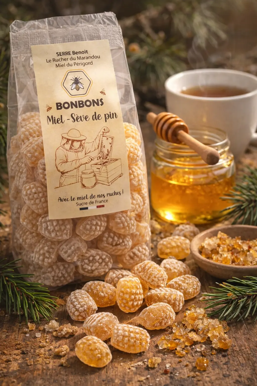 Bonbons artisanaux au miel du Périgord saveur sève de pin en sachet, présentés avec pot de miel, branches de pin et résine naturelle