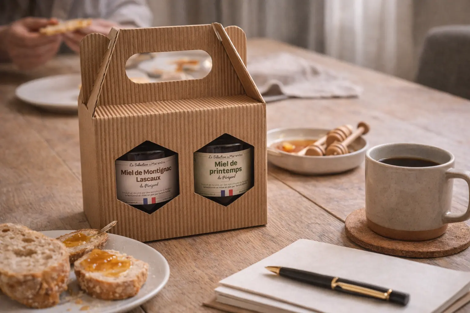 Coffret duo 2x250g - Mise en scène gourmande Coffret duo 2x250g – Miels artisanaux du Périgord, Montignac-Lascaux et Printemps Sélection, en situation petit-déjeuner convivial