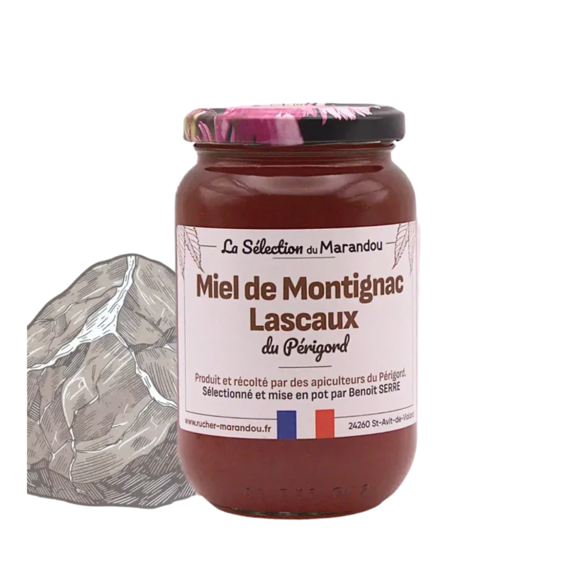 Pot de Miel de Montignac Lascaux du Périgord sur fond beige avec illustration végétale, miel d’été du Périgord Noir