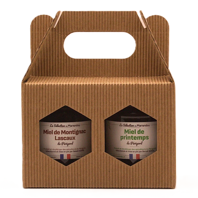 Coffret cadeau de deux miels du Périgord, miel de Montignac-Lascaux et miel de Printemps Sélection en pots de 250g
