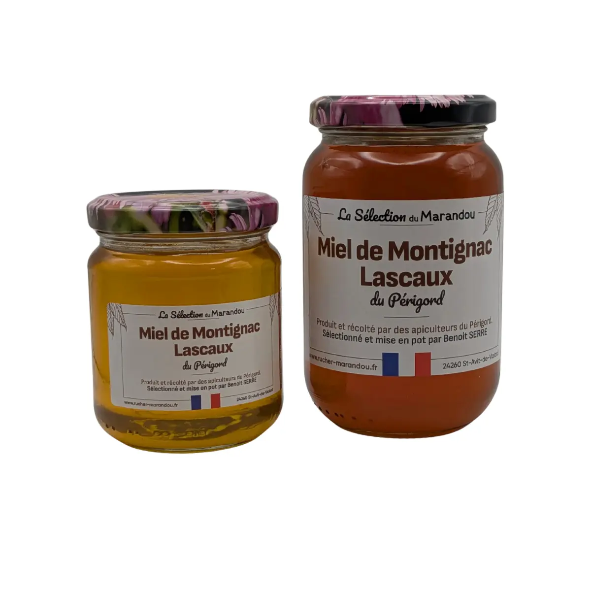 Pot de Miel de Montignac Lascaux du Périgord ( 250g et 500g) sur fond blanc