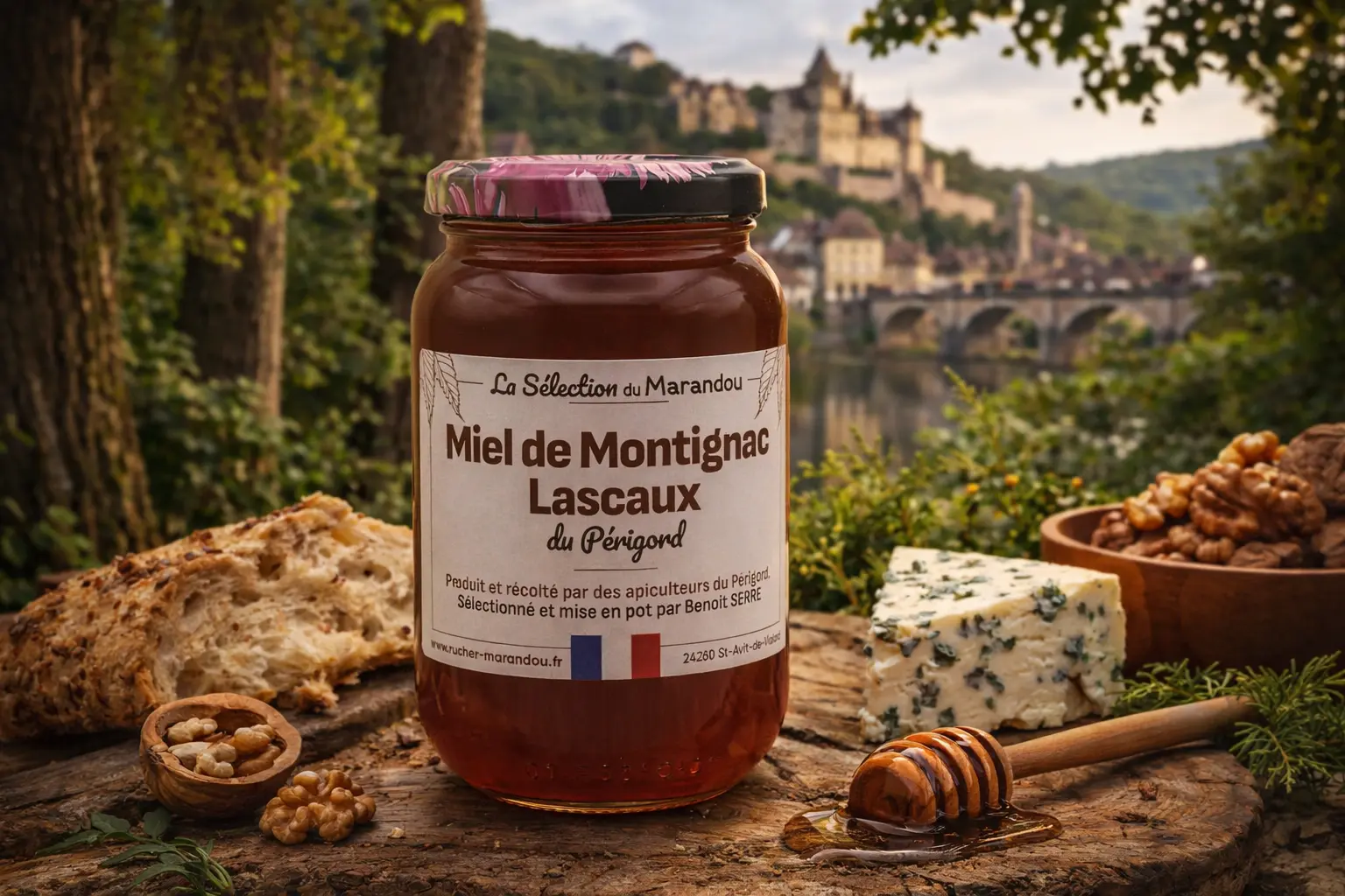 Miel de Montignac Lascaux et délices locaux Miel de Montignac Lascaux du Périgord en mise en scène gourmande avec pain rustique, fromage et noix, devant un paysage de Montignac en Dordogne