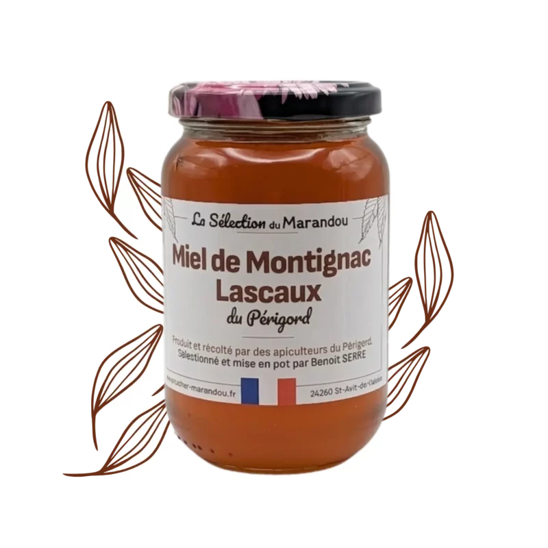 Pot de Miel de Montignac Lascaux du Périgord sur fond beige avec illustration végétale, miel d’été du Périgord Noir