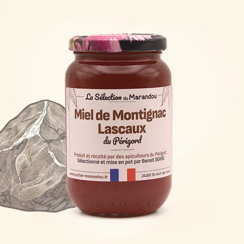 Pot de Miel de Montignac Lascaux du Périgord sur fond beige avec illustration végétale, miel d’été du Périgord Noir