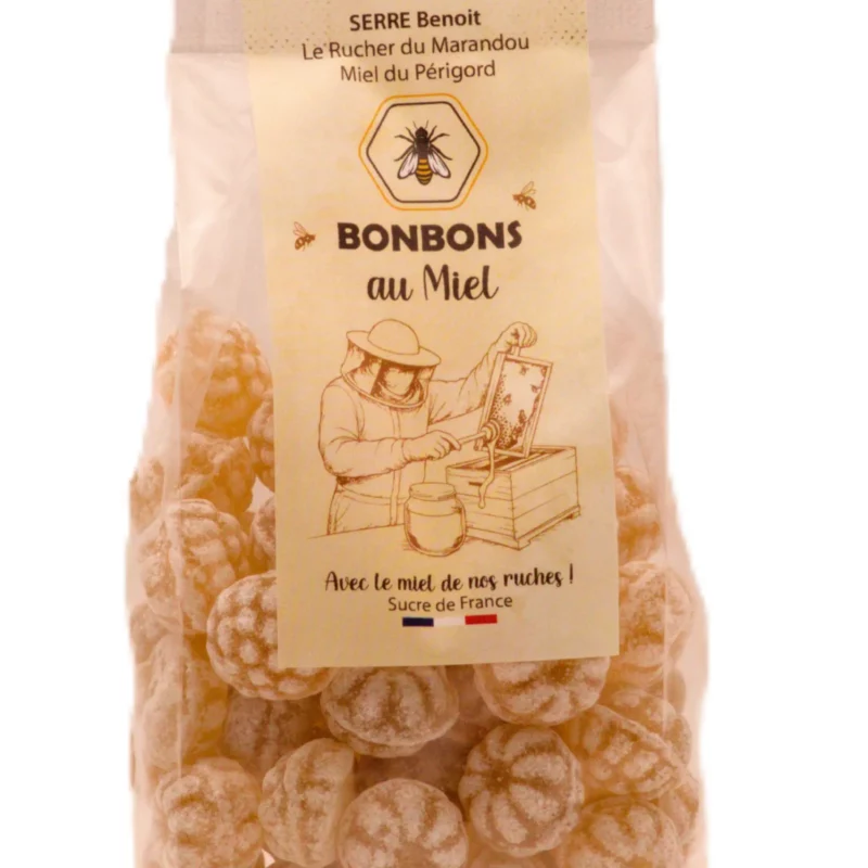 Sachet de bonbons artisanaux au miel du Périgord, confectionnés par un confiseur de Vendée à partir du miel du Rucher du Marandou