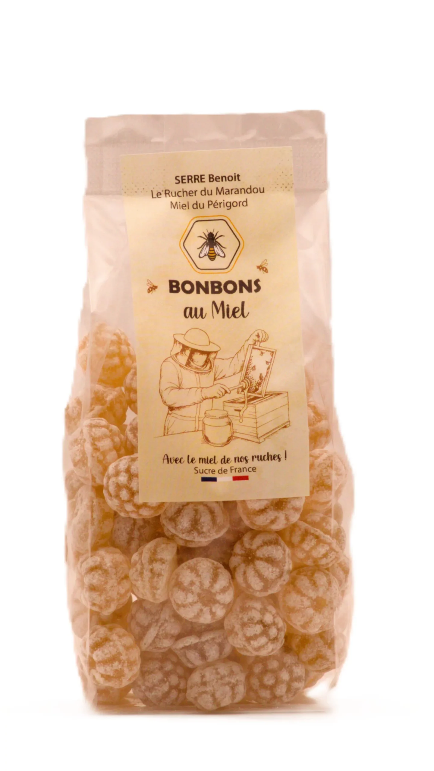 Sachet de bonbons artisanaux au miel du Périgord, confectionnés par un confiseur de Vendée à partir du miel du Rucher du Marandou