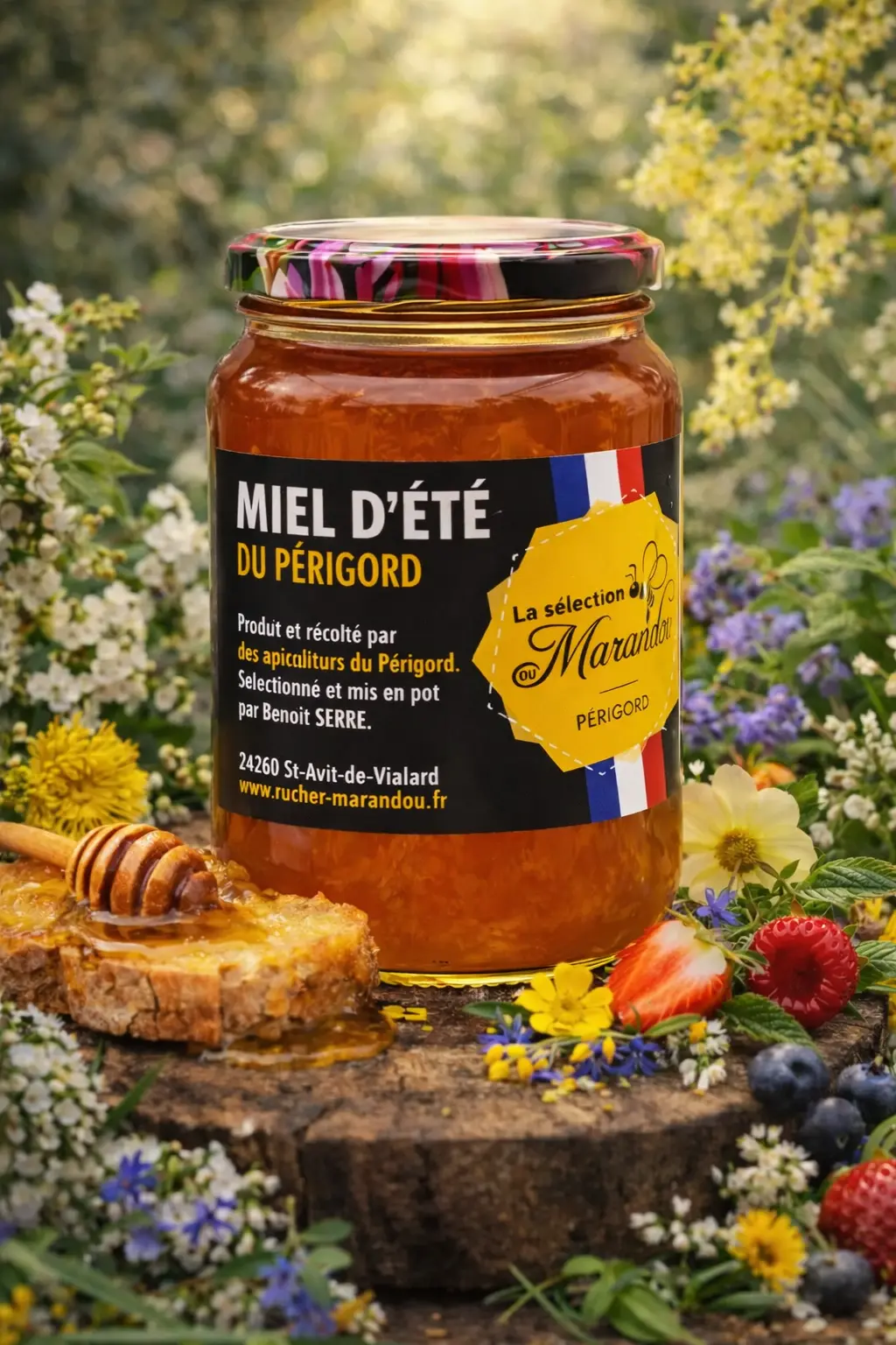 Miel d’été du Périgord 500g du Rucher du Marandou avec tartine et fruits rouges