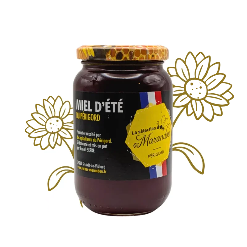 Pot de miel d’été du Périgord 500g – miel foncé artisanal récolté par des apiculteurs du Périgord, Rucher du Marandou