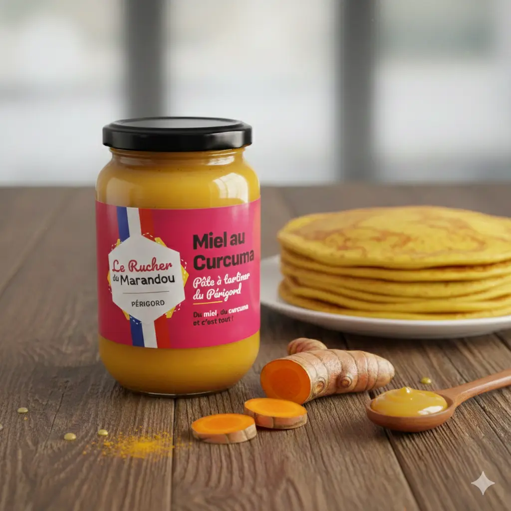 Pot de miel au curcuma du Périgord du Rucher du Marandou servi avec lait doré et poudre de curcuma