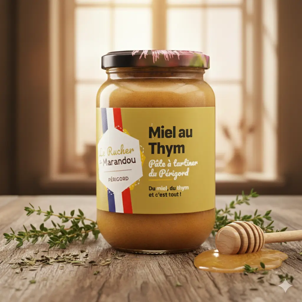 Miel au thym du Périgord du Rucher du Marandou servi avec un gâteau poire et amandes