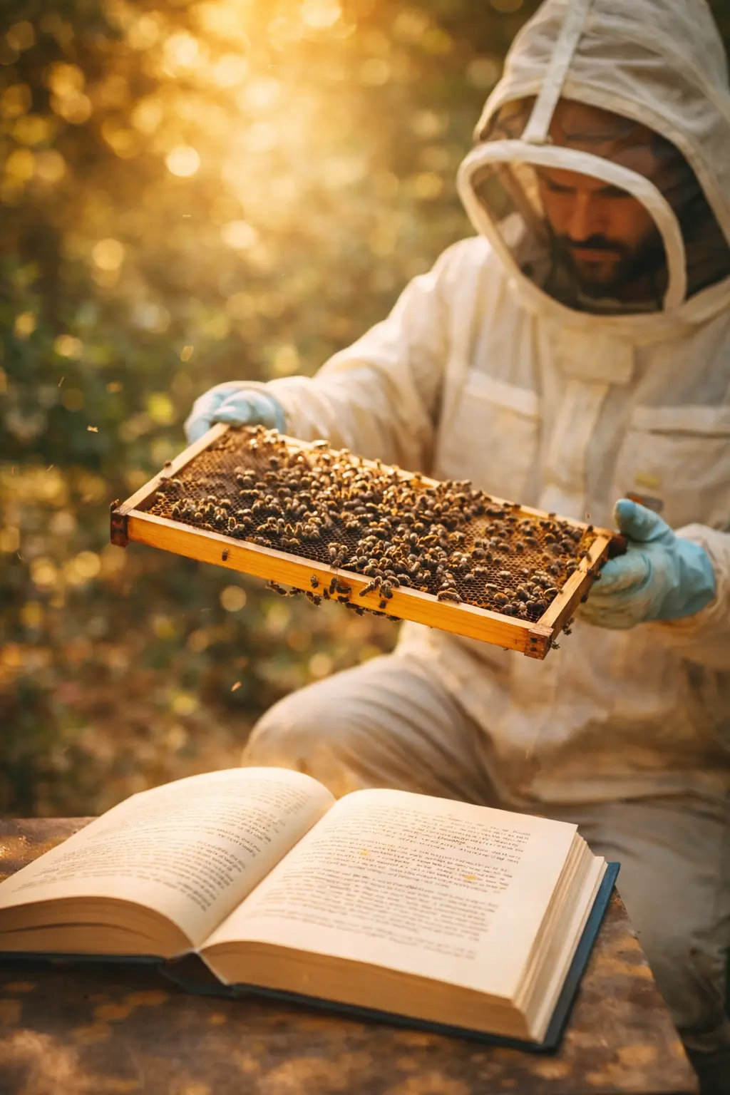 Apiculteur inspectant un cadre de ruche avec un livre ouvert au premier plan, illustrant le glossaire apicole