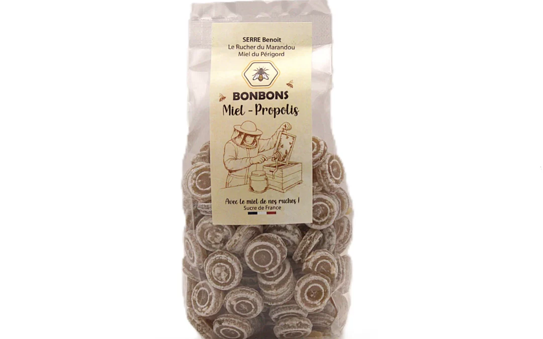 Sachet de bonbons au miel du Périgord et à la propolis, élaborés par un confiseur français à partir du miel du Rucher du Marandou