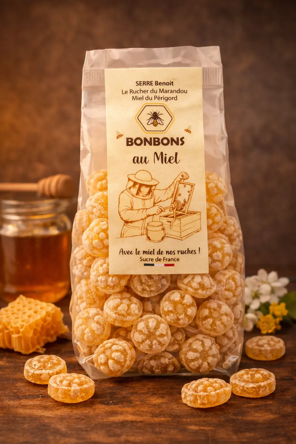 Bonbons au miel du Périgord en sachet, fabrication artisanale française