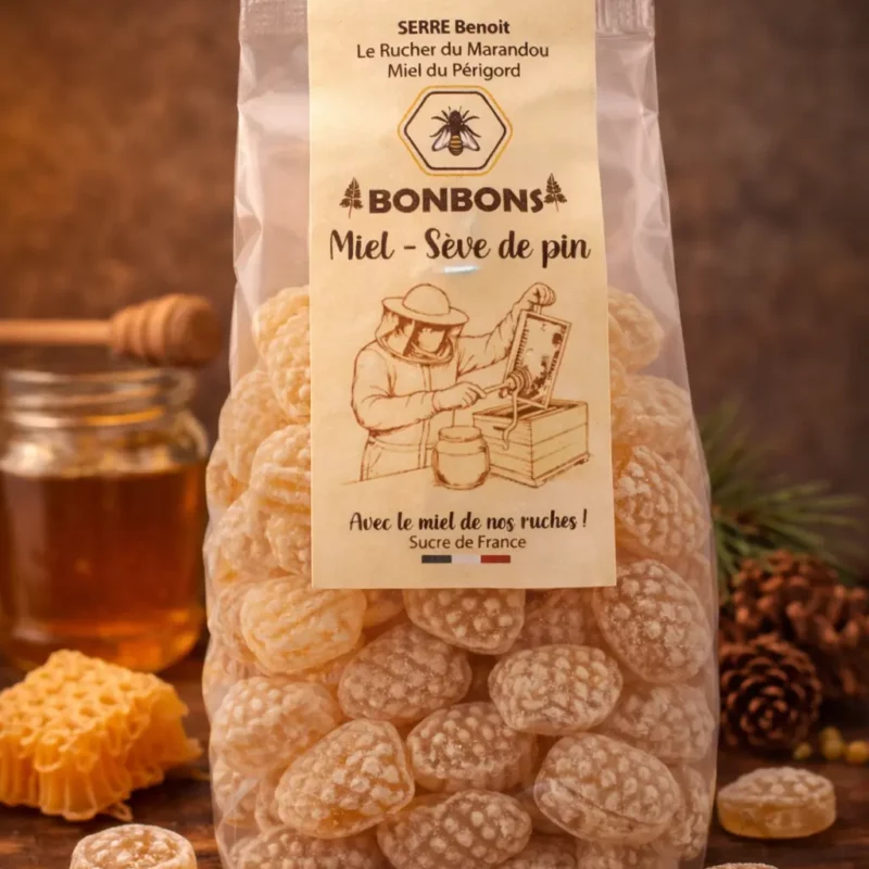 Bonbons artisanaux au miel du Périgord et à la sève de pin dans un sachet de 180 g