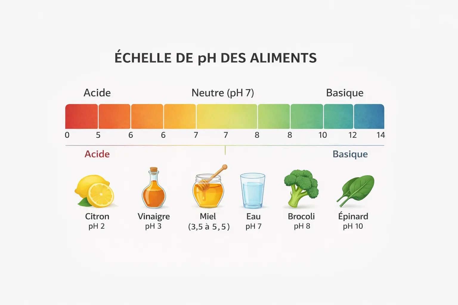 Échelle de pH des aliments montrant la position du miel dans la zone acide, entre 3,5 et 5,5.