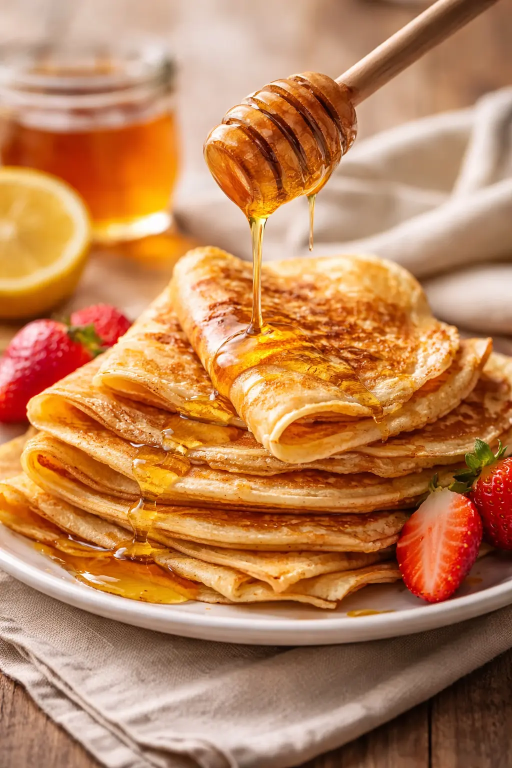 Crêpes dorées nappées de miel artisanal, servies chaudes pour la Chandeleur