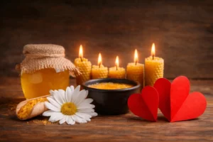 Miel artisanal et bougies en cire d’abeille pour une ambiance romantique de Saint-Valentin