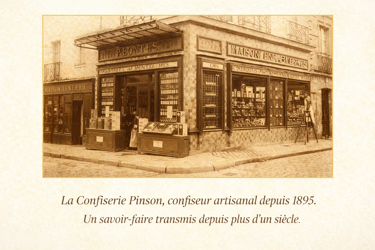 Façade historique de la Confiserie Pinson, confiseur artisanal français depuis 1895