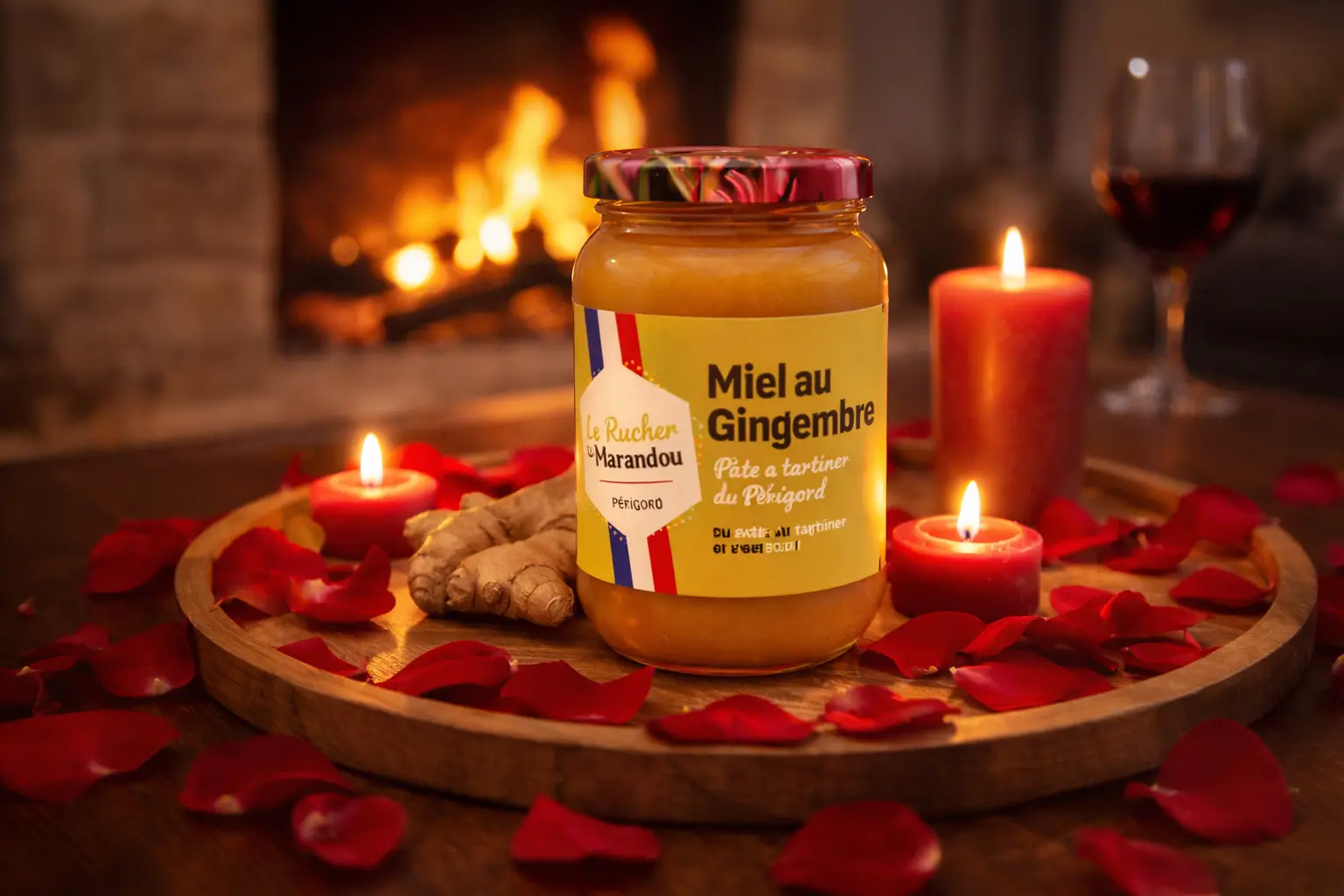 Miel au gingembre et ambiance romantique Pot de miel au gingembre artisanal du Périgord mis en scène dans une ambiance romantique avec bougies et pétales de rose