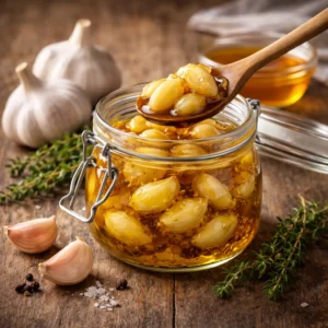 Bocal d’ail confit au miel, gousses d’ail fondantes dans une huile dorée, avec miel, thym et ail frais sur table rustique