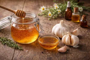 Ail et miel présentés ensemble sur une table rustique, avec pot de miel doré et gousses d’ail frais, illustrant leurs usages traditionnels