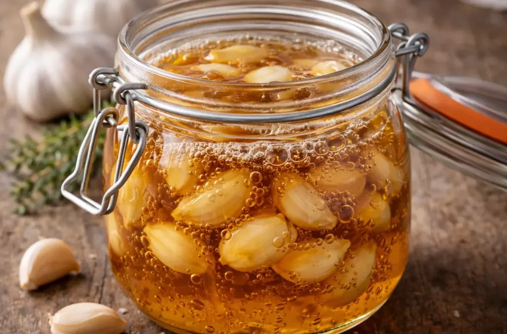 Bocal d’ail fermenté au miel en cours de fermentation, avec bulles naturelles dans le miel et gousses d’ail immergées