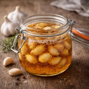 Bocal d’ail fermenté au miel en cours de fermentation, avec bulles naturelles dans le miel et gousses d’ail immergées