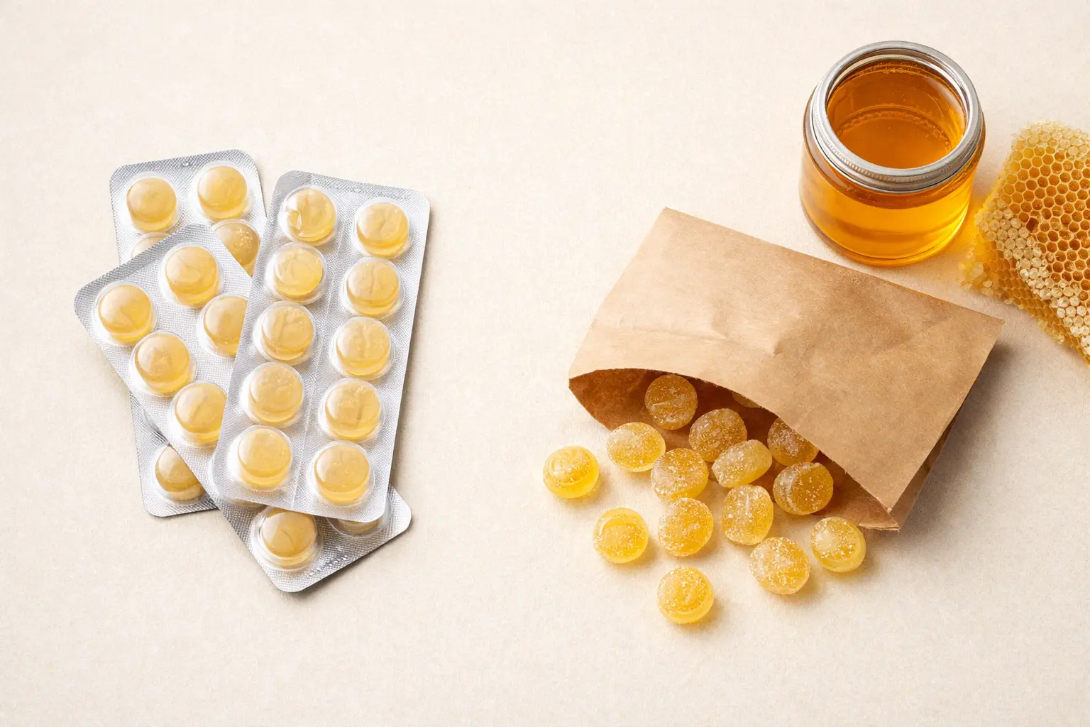 Comparaison entre des bonbons au miel de pharmacie et des bonbons au miel artisanaux, illustrant deux approches différentes du produit