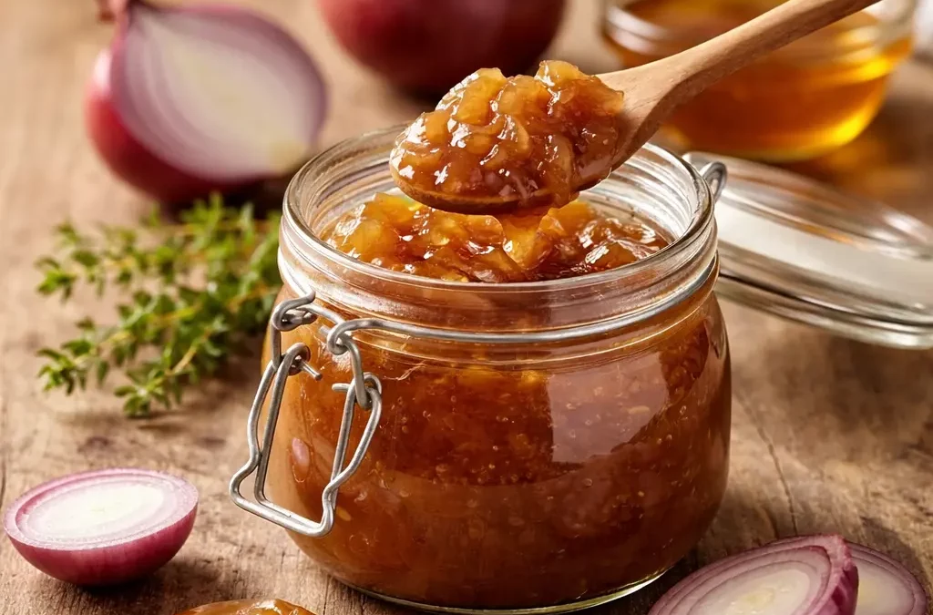 Confit d’oignons au miel du Périgord, texture fondante et brillante, préparé maison avec des oignons rouges et du miel artisanal