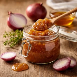 Confit d’oignons au miel du Périgord, texture fondante et brillante, préparé maison avec des oignons rouges et du miel artisanal