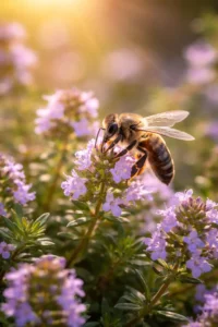 Abeille butinant des fleurs de thym lors de la production du miel de thym