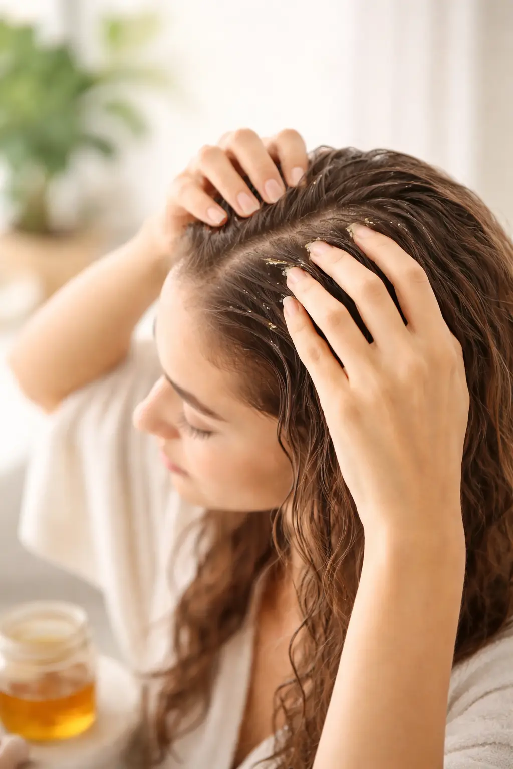 Application de miel sur le cuir chevelu pour apaiser et hydrater les cheveux naturellement